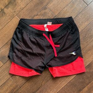 Black Mesh Layered Athletic diadora Shorts with pink Liner